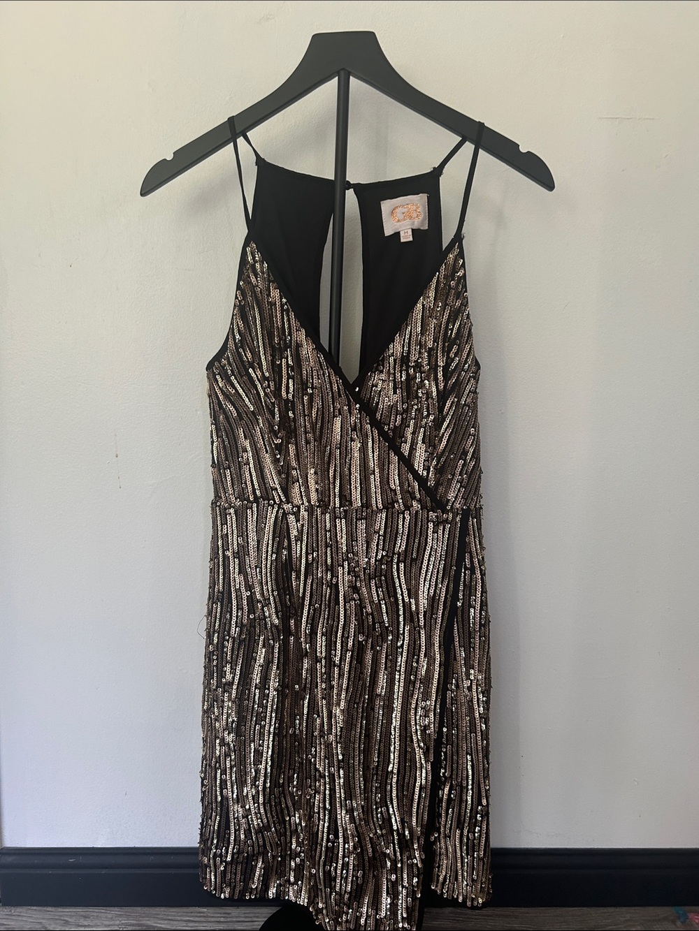 Sequin Wrap-Front Spaghetti Strap Dress in Black and Gold
